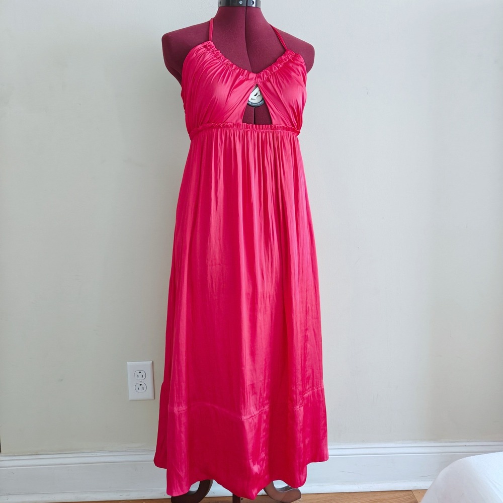 J.Crew Collection Hot Pink Satin Halter Keyhole Empire Waist Midi Dress Size 2